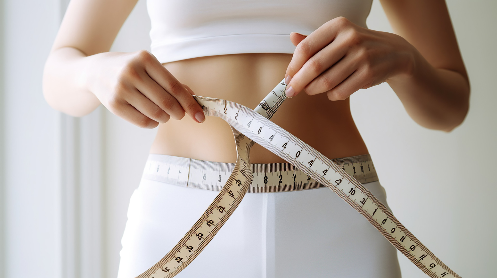 hands measuring waist with a tape. Fit and healthy woman on whit